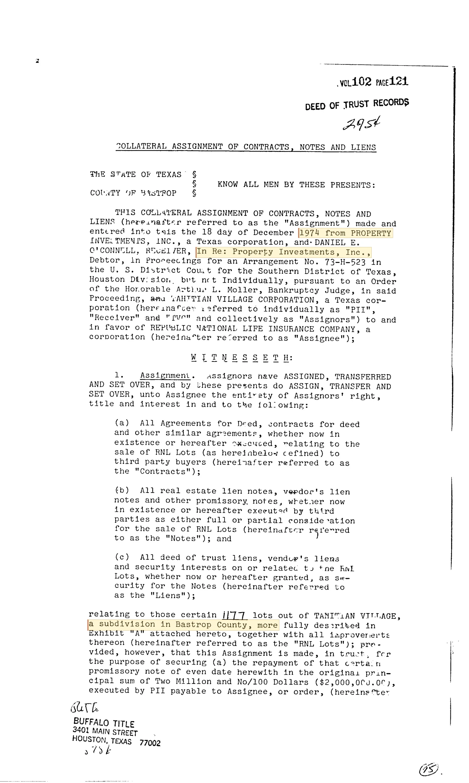 Property Investments, Inc. - Recorded Assignment (Vol. 102, Page 121)
